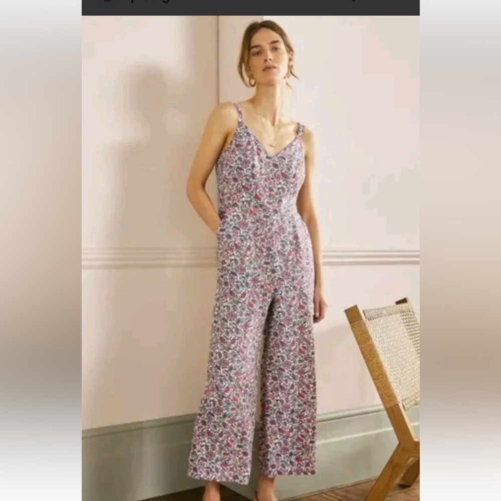 BODEN Red Floral Cotton Wide Leg Culotte Jumpsuit Smocked Back Sz‎ 4P EUC
